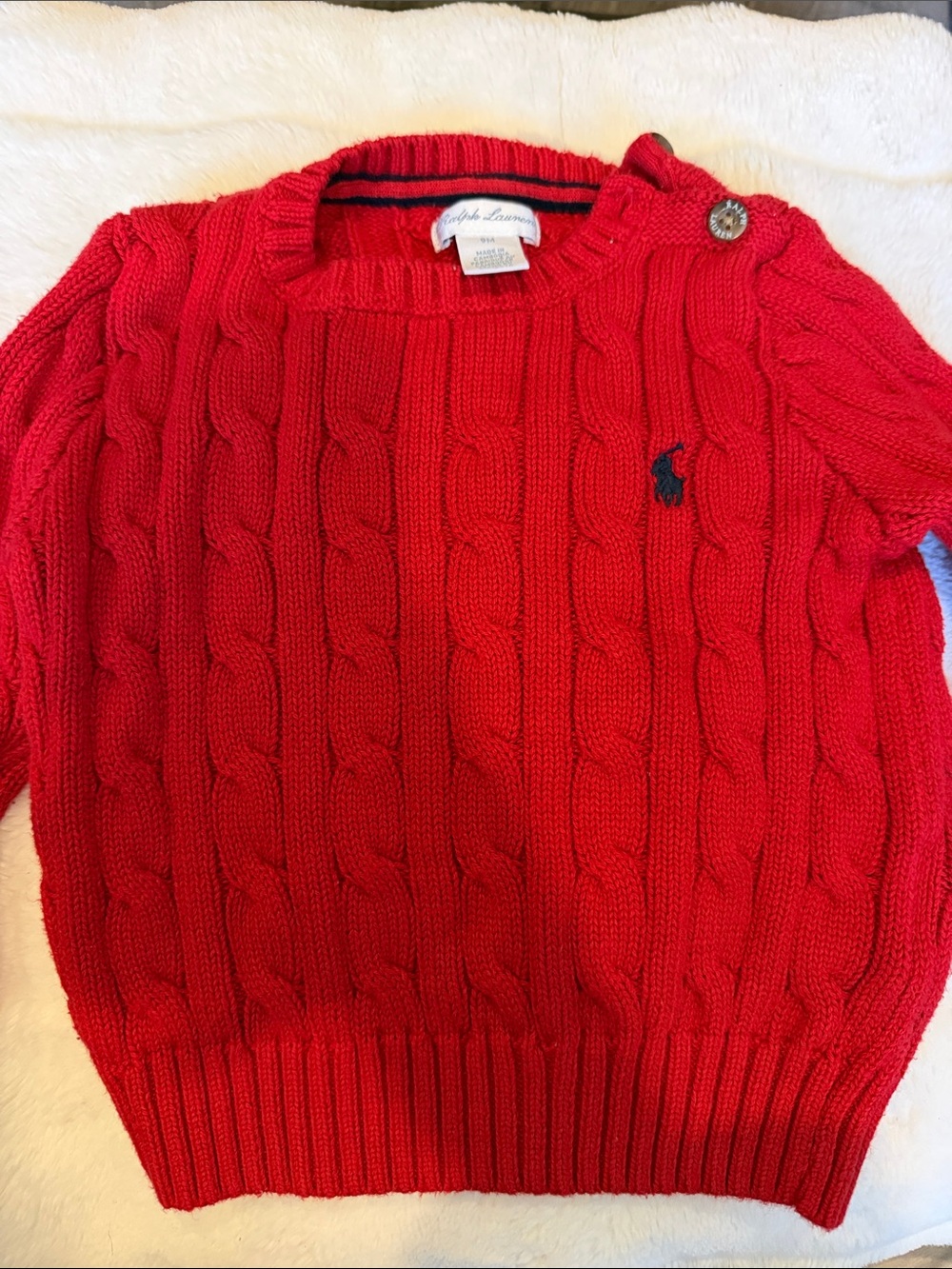 Ralph Lauren Kids Red Cable Knit Crew Sweater with Navy Logo